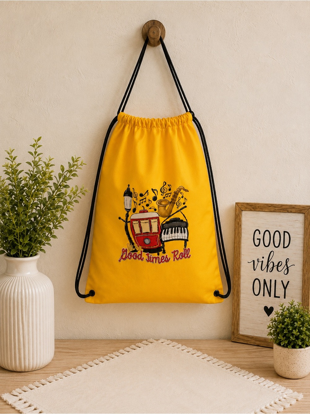 Good Times Roll Yellow Drawstring Music Print Bag